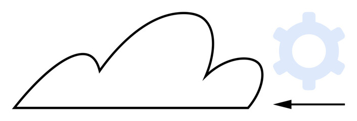Cloud outline connected to a gear with a left-pointing arrow symbolizing data processing, management, and optimization. Ideal for technology, automation, innovation, workflow, network, cloud