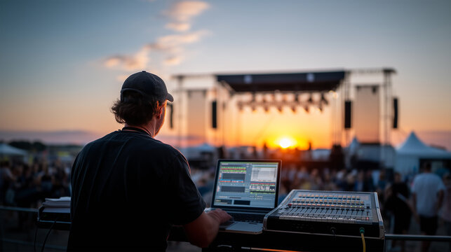 Audio mixing console at outdoor music festival during sunset