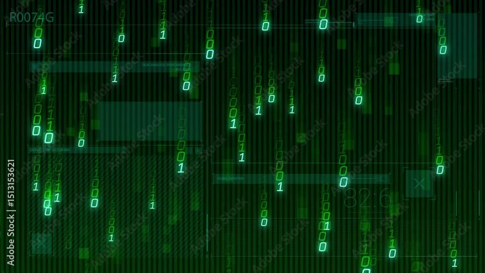 Poster green interface starting falling binary code streams obscuring panels and sliding numeric readouts