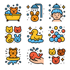 Colorful Cartoon Animals and Children Enjoying Bathtime