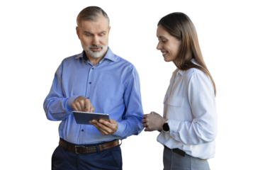 Two business people discussing work together using a tablet on a transparent background