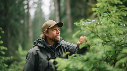Obraz premium Man exploring a misty coniferous forest in outdoor gear