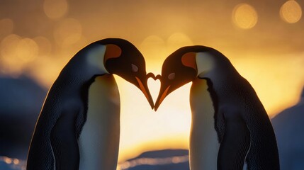 Two emperor penguins form a heart shape with their heads during sunset.