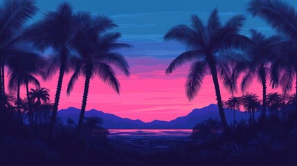 Obraz premium Synthetic Serenity: An Illustrated Beachscape with Neon Hues and Palms