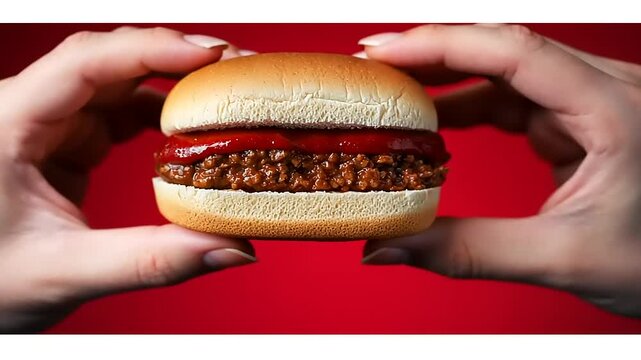 Close-up shot of a sloppy joe sandwich on a red background, perfect for food content