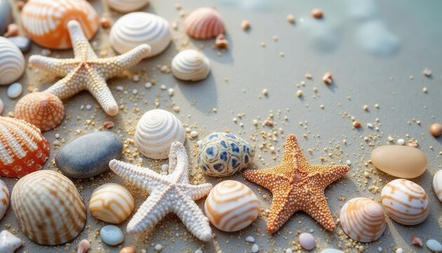 A collection of seashells and starfish on a sandy beach with a soft background.
