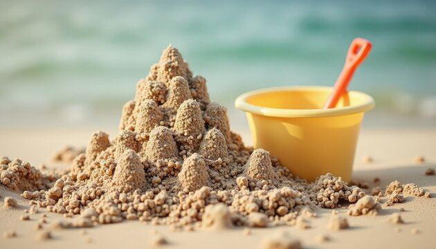 A detailed close-up of a sandcastle with a bucket and shovel on a sandy beach