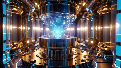 Futuristic energy core with glowing blue crystal suspended in high-tech metallic chamber surrounded by lights and advanced machinery

 - Powered by Adobe