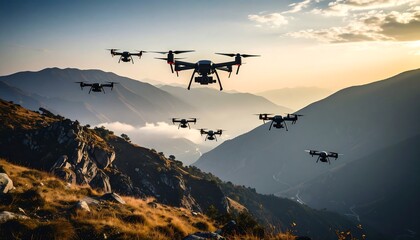 Fototapeta na wymiar Drone Swarm Flying Over Mountainous Valley During Sunset creating Dramatic Silhouette