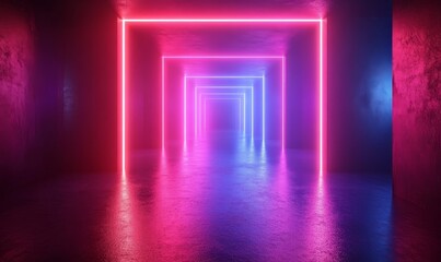 Abstract neon light geometric background. Rectangle stage product display. Glowing neon lines. Empty futuristic stage laser. Rectangular laser lines. Square stage. Laser show