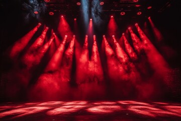 Rock concert stage light background with spotlight illuminated the stage for night music festival. Performance event stage. Empty stage with dramatic red colors. Entertainment
