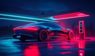 EV car in futuristic vehicle concept. Electric car charging station and battery level icon. Future transportation. Futuristic autonomous car. Driverless autonomous vehicle. Self-driving car