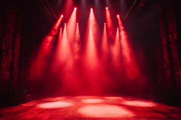 Event stage light background with spotlight illuminated the stage for rock concert. Passionate performance event stage. Empty stage with dramatic red colors. Entertainment