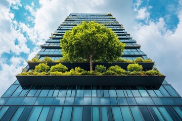 Sustainble green building. Eco-friendly building in modern city. Sustainable glass office building with tree for reducing carbon dioxide. Office with green environment. Corporate building reduce