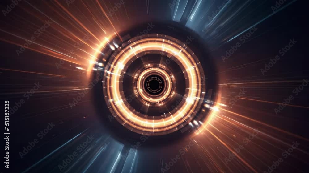 Poster dynamic abstract vortex with glowing orange and blue light streaks converging into a central point f