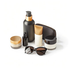 Isolated blank white cosmetic plastic bottles, tubes, and spray containers with a beauty face mask and sunglasses, perfect for health and skin care product packaging