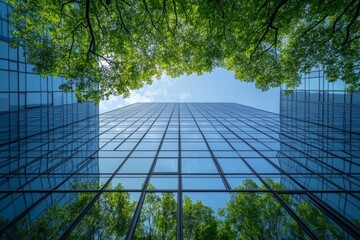 Sustainble green building. Eco-friendly building in modern city. ESG. Sustainable glass office building with green tree. Office with green environment. Corporate sustainability. Net zero