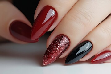 Closeup glamour woman hand with red nail polish on her fingernails. Red nail manicure with gel polish at luxury beauty salon. Nail art and design. Female hand model. French