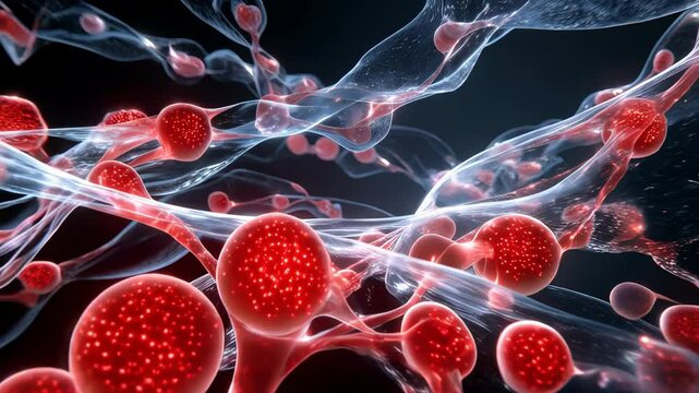 Abstract microscopic view of flowing blood cells in transparent veins, depicting medical or scientific concept and research on dark background
