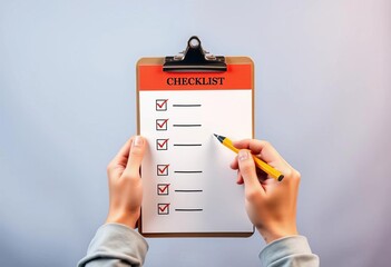 Hands hold clipboard checklist with pencil; flat design, design, to do list