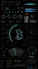Bitcoin symbol in cyber-themed HUD interface