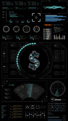 Digital dollar symbol in futuristic HUD panel