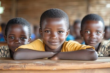 Intercultural schoolkids boys sitting at desk during lesson, looking at camera and smiling