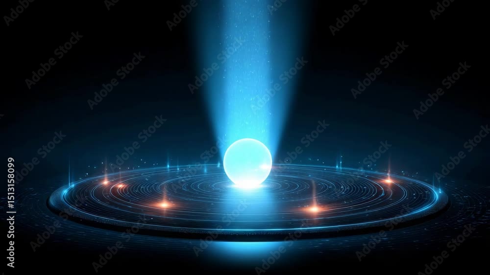 Poster glowing blue digital sphere with circular light patterns and glowing orb in dark space