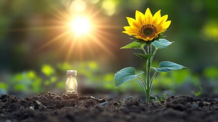 Sunlit sunflower seedling beside a glowing glass bottle in soil.