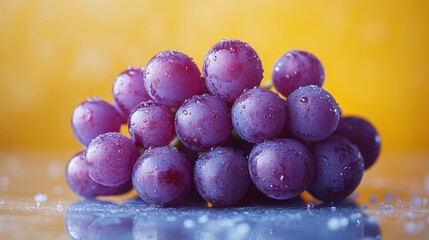 Vibrant grapes cluster with glistening water droplets against a warm backdrop, capturing the fresh essence of nature's bounty and harvest delicacy