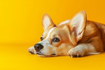 Portrait of healthy corgi dog lying on the floor isolated over yellow studio background wall, looking away, copy space, banner