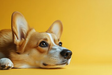 Portrait of healthy corgi dog lying on the floor isolated over yellow studio background wall, looking away, copy space, banner