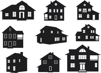 A grid of nine black silhouette houses with varying architectural styles and window placements