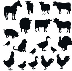 A collection of black silhouettes of various farm animals including mammals and birds