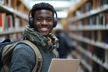 Happy black student guy standing in library, wearing headphones, holding laptop, radiating enthusiasm for tech-driven learning, and smiling