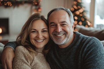 Smiling couple bonding on couch in decorated living room, spending Christmas at home, embracing and smiling at camera