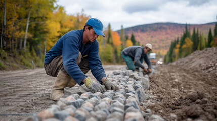 Team installing gabion-style baskets for environmental protection
