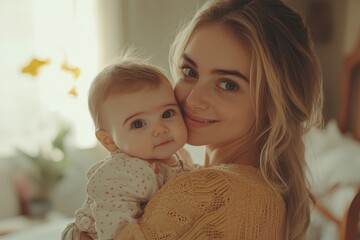Caring young mom holding and hugging her adorable baby, enjoying motherhood and child care, standing in bedroom at home. Mother's day concept