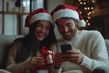 Cheerful spouses in Santa hats using cellphone choosing presents, sitting on sofa at home, talking and discussing choice