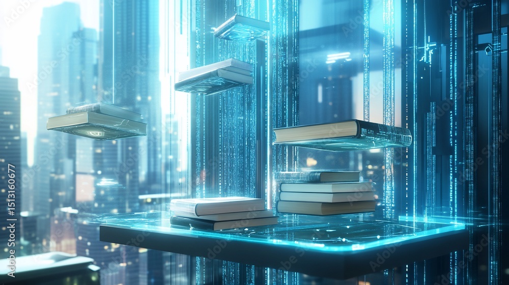 Poster futuristic digital library concept with floating books and data streams