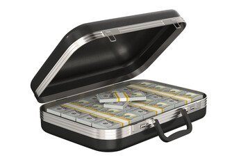 Open leather briefcase with money on white background. Isolated 3D illustration