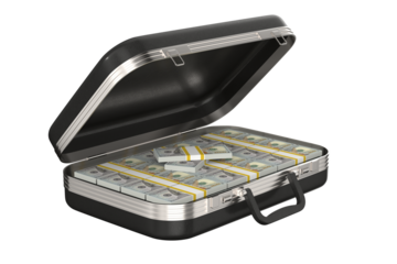 Open leather briefcase with money on white background. Isolated 3D illustration