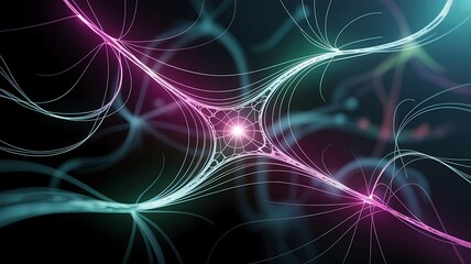 Fototapeta premium Abstract glowing neural network with colorful nodes and lines representing AI, machine learning, and futuristic data systems.