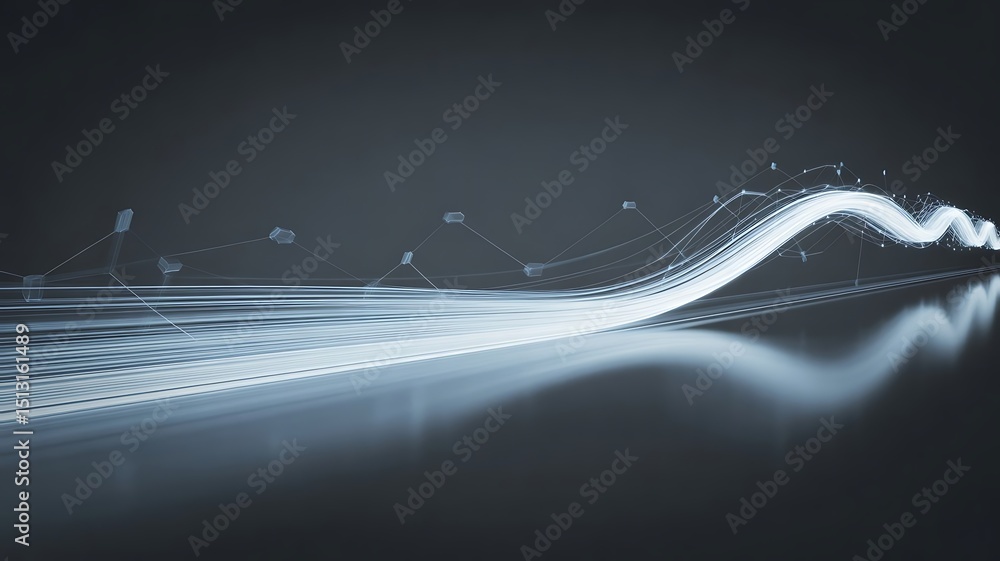 Aufkleber futuristic digital flow stroke with glowing white particles on black gradient background in abstract