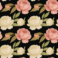 Freehand romantic print with seamless vintage peony pattern. Icons of peonies. Realistic hand drawing of flowers on a black background without seam. Designer decoration for wedding, fabric, wallpaper