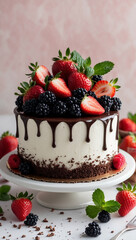 Chocolate drip cake with fresh berries on pink background