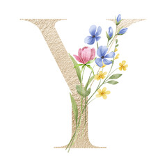 Gold monogram, letter Y, floral alphabet with wildflowers, Initials perfectly for logo, wedding invitation, greeting card, poster and other design. Digital illustration hand drawing.