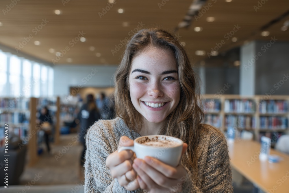 Poster student enjoys a decaf mug while studying in a library with open textbook and bright atmosphere arou