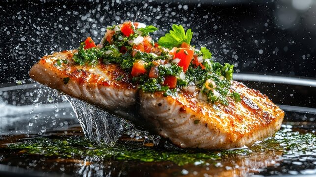 Cutout of chimichurri sauce splashing onto grilled fish, its vibrant green hue adding freshness and texture, isolated on a PNG transparent background