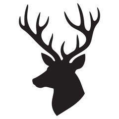 Deer head silhouette with antlers in black vector art for wildlife and hunting design